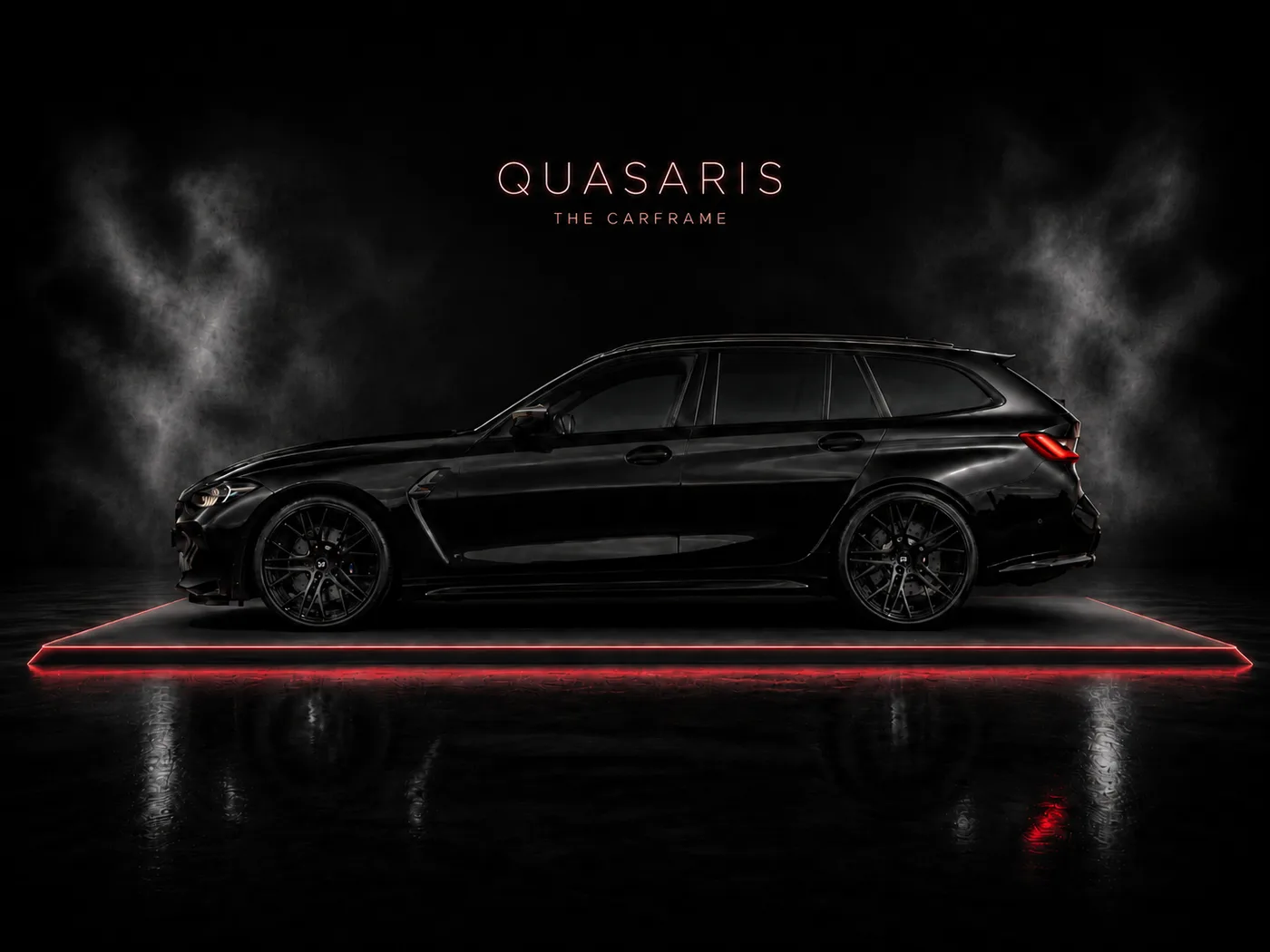 Schwarzer BMW M3 Touring seitlich auf der beleuchteten Carframe-LED-Plattform