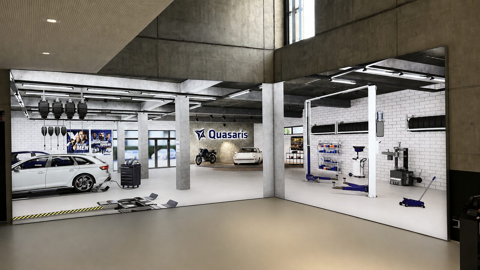 Hinterleuchteter Qubepix Textil-Leuchtrahmen in der Autowerkstatt, über Eck, Eco 90, Silberrahmen