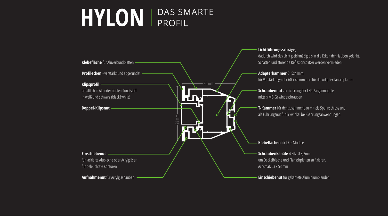 Hylon Profilquerschnitt – Klipsprofil, Doppel-Klipsnut, Adapterkammer 61,5×41 mm, Lichtführungsschräge, T-Kammer, Schraubennut, Schraubenkanäle Ø 3,2 mm und Einschiebenuten; Profilmaß 95 × 98 mm