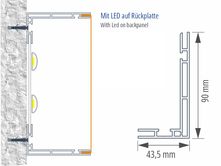 Qubepix Profil-Querschnitt 90 mm Bautiefe, beleuchtet