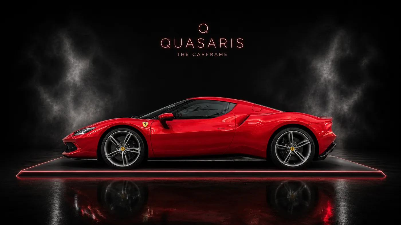 Roter Ferrari 296 seitlich auf der beleuchteten Carframe-LED-Plattform