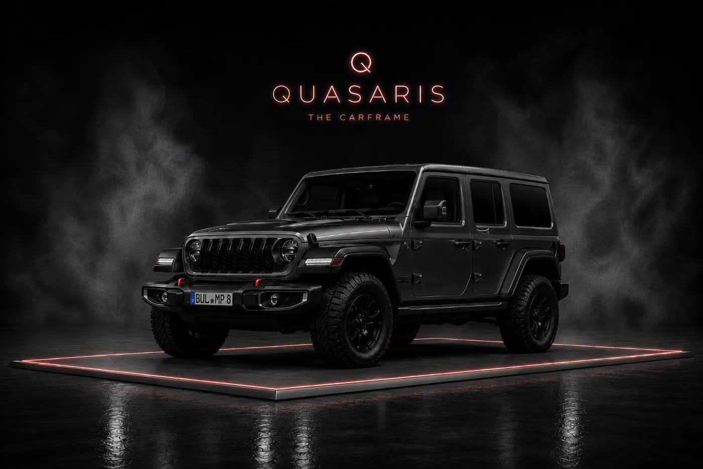 Jeep Wrangler schräg auf der Carframe-Präsentationsbühne mit rotem LED-Lichtrahmen