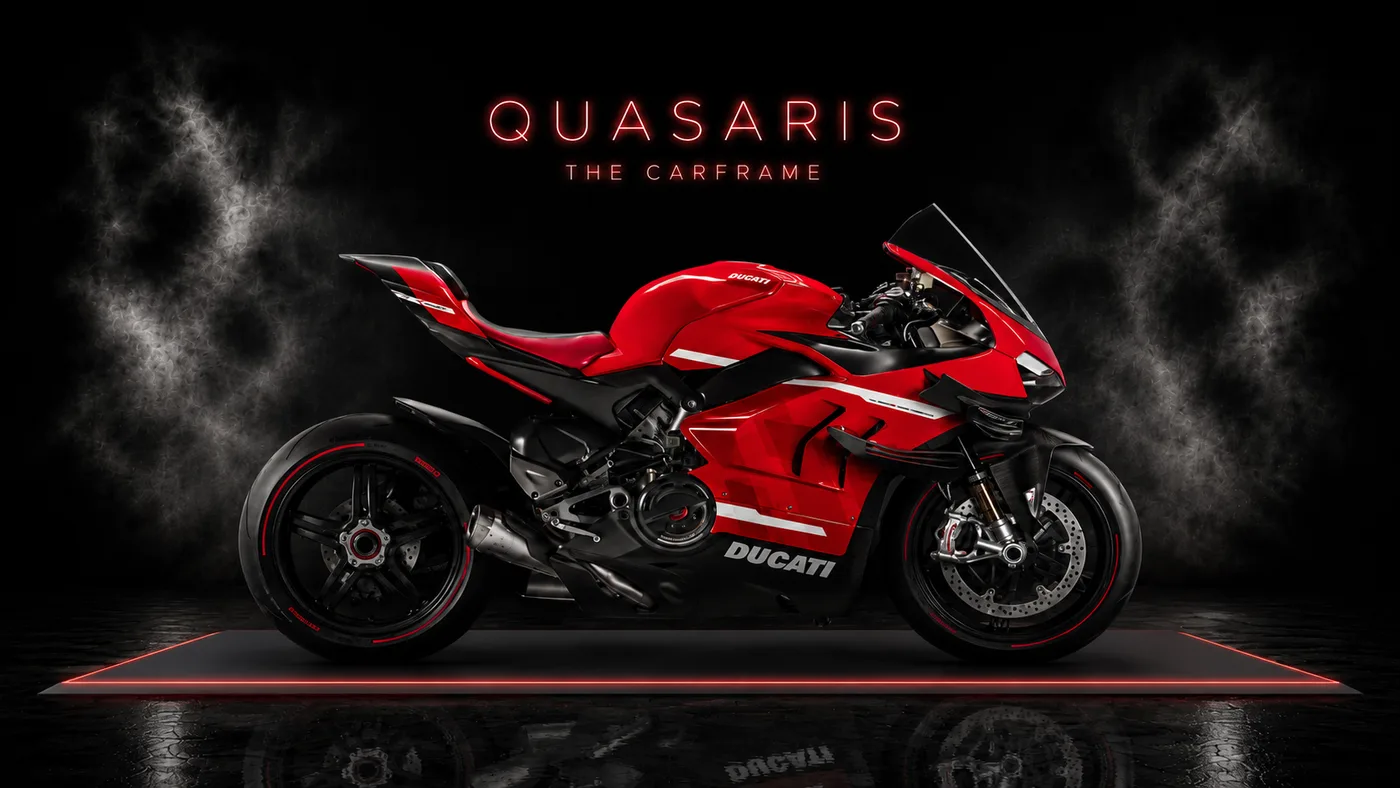 Rote Ducati Superleggera seitlich auf der beleuchteten Carframe-LED-Plattform