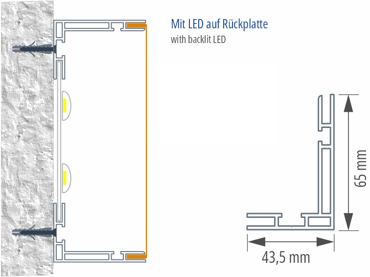 Qubepix Profil-Querschnitt 65 mm Bautiefe, beleuchtet