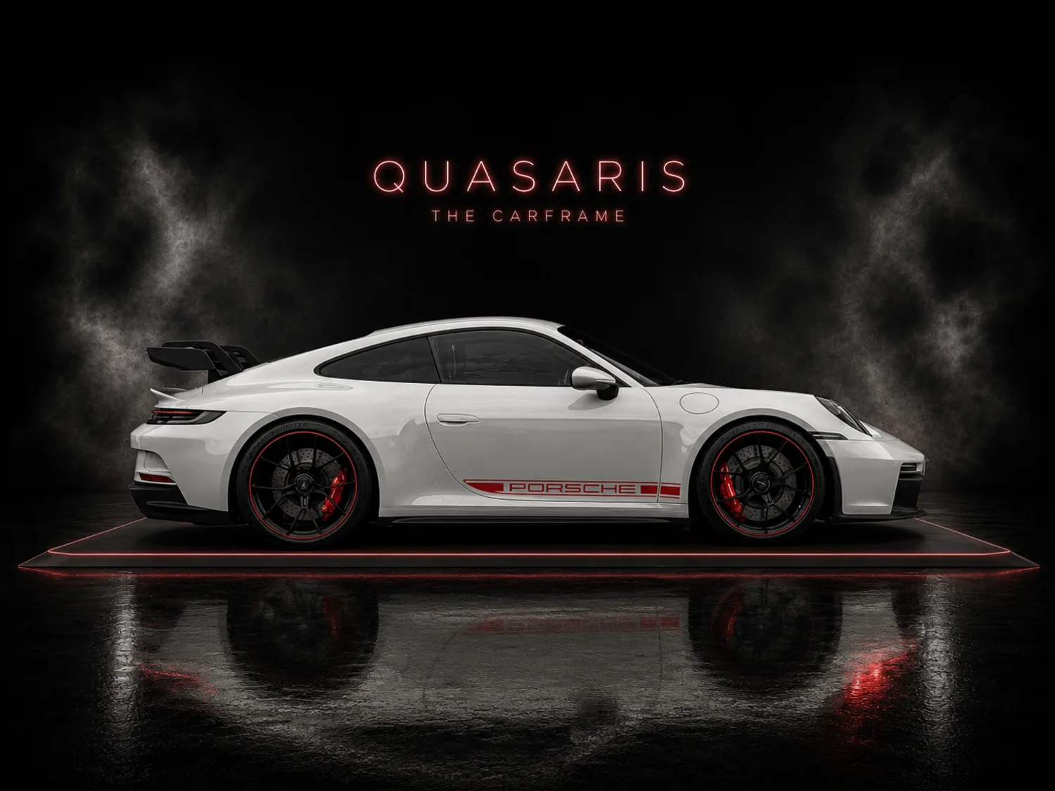 Weißer Porsche 911 GT3 seitlich auf der beleuchteten Carframe-LED-Plattform