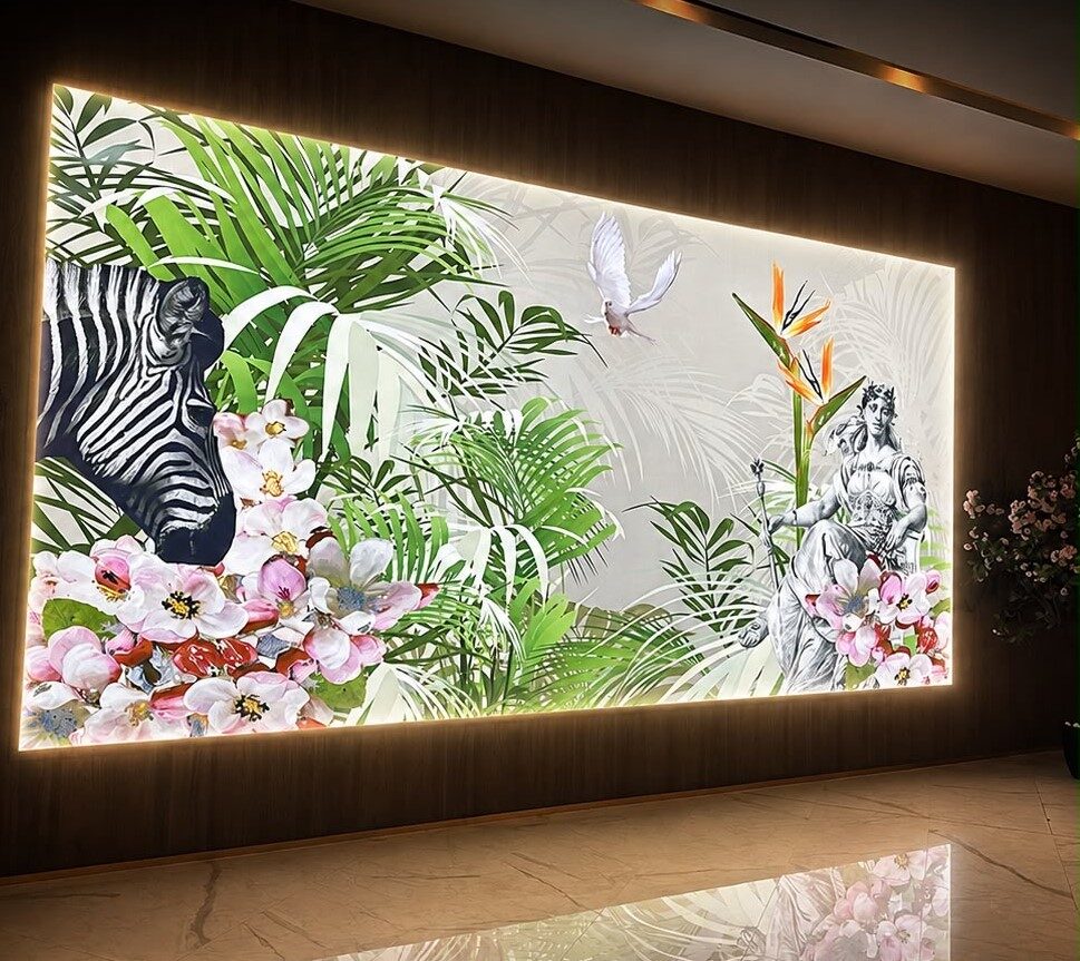 Großformatiger beleuchteter Qubepix Textil-Leuchtrahmen mit botanischem Motiv in edler Lobby