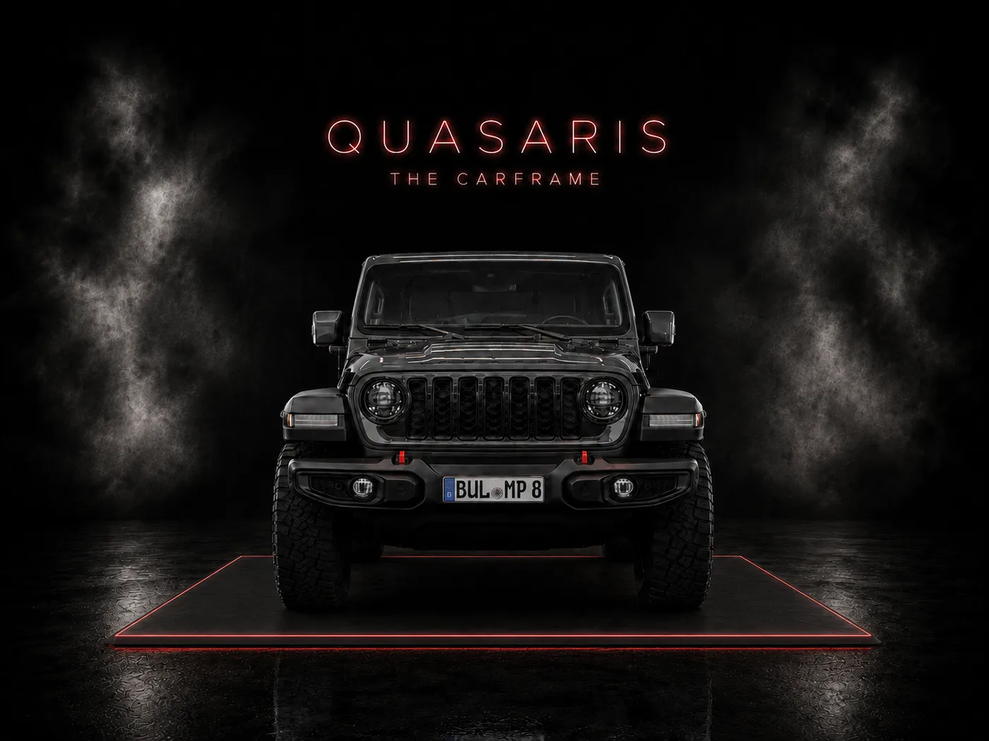 Jeep Wrangler frontal auf der beleuchteten Carframe-LED-Plattform
